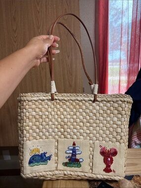 QVC Natural Straw Tote with Brown Handles and Multicolor Embroidery